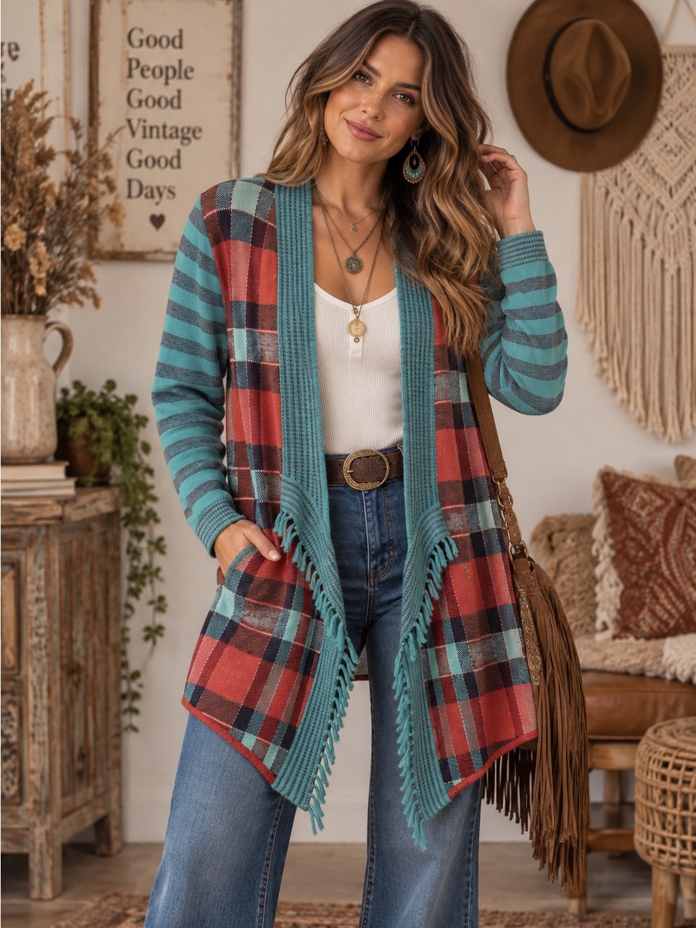 Matilda Jane Vintage Boho Fringe Plaid Steadfast Open affront Cardigan Size M